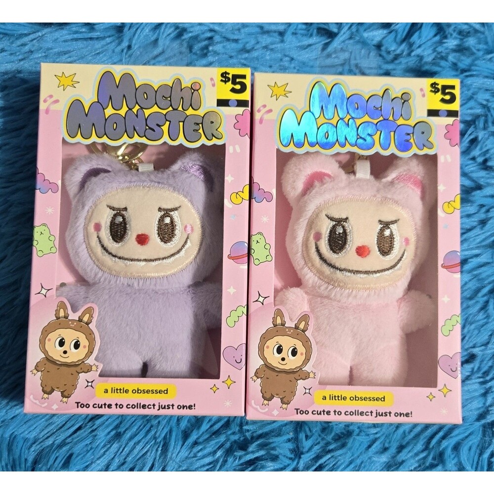 Mochi Monster Set of 2 Plush Charm 5" Keychains W/Gold Hardware- 1Pink & 1Purple
